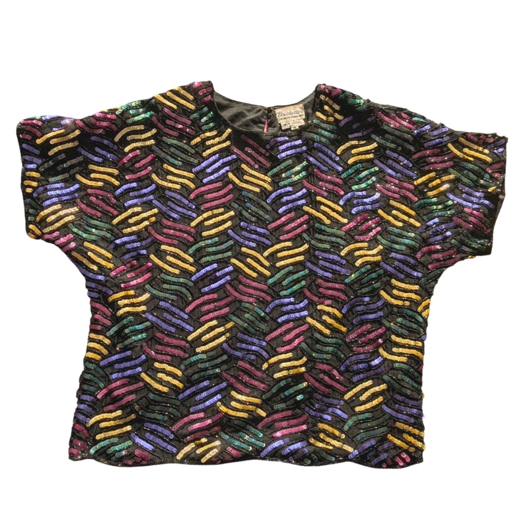 VTG Exclusive Janson International 100% Silk Sequin Top Multicolor Abstract MED